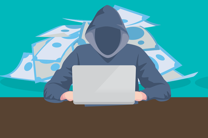 Hacker digitando no computador e montanha de dinheiro atrás dele.