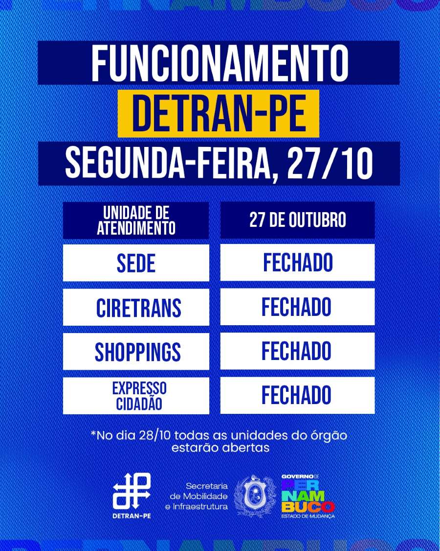 Informativo sobre o feriado do Dia do Servidor público, informando que dia 27/10/2025 o locais de atendimento do DETRAN-PE estarão fechados.