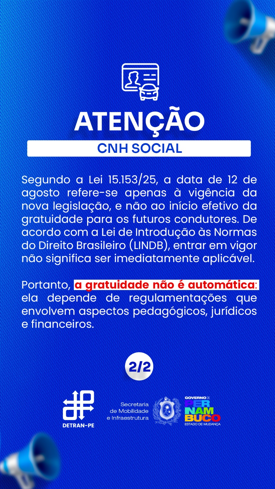 Informativo sobre legislação da gratuidade da CNH Social pelo DETRAN-PE, parte 2