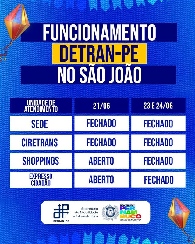 Horários de funcionamento do DETRAN-PE durante o feriado do São João.