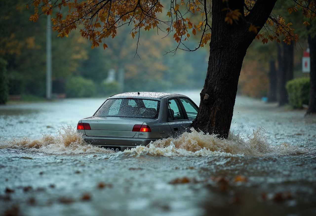 Carro próximo a uma árvore com água até a meta de vossas alturas, devido às fortes chuvas.