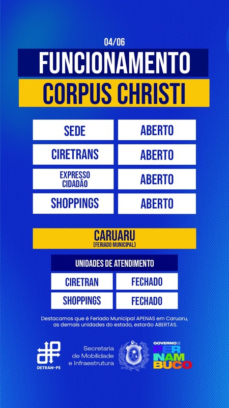 Informativo sobre quais unidades do DETRAN-PE estão fechadas no feriado do dia do Corpus Christi 2026