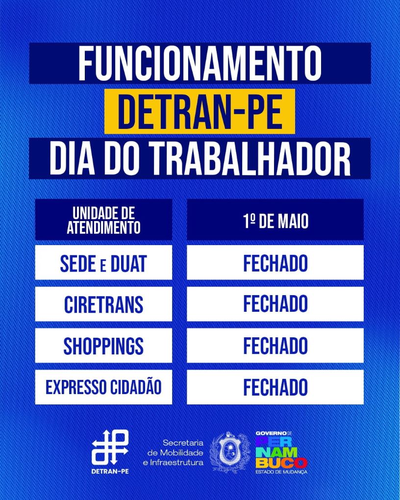 Informativo sobre quais unidades do DETRAN-PE estão fechadas no feriado do dia do Trabalhador 2026