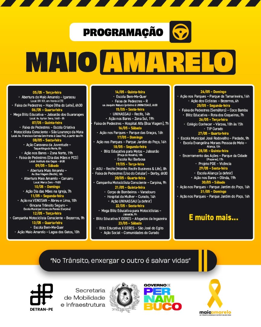 Programação oficial das ações do Maio Amarelo DETRAN-PE 2026