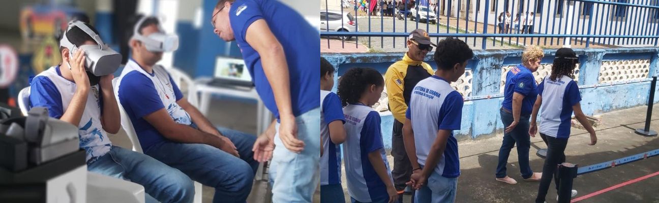 Na primeira foto, dois alunos fazendo o uso do óculos de realidade virtual, ao lado deles, ajudando, está um educador de trânsito. Na segunda foto, um aluno fazendo o uso do óculos que simula o estado de embriaguez, outros alunos ao redor, um agente de trânsito e um educador de trânsito do DETRAN-PE auxiliando na ação. 