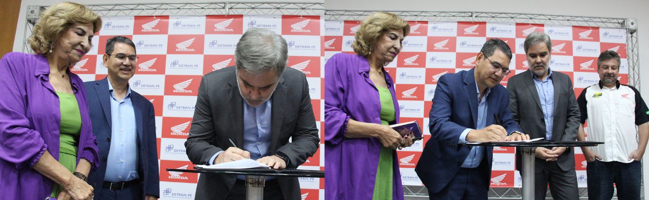 Na primeira foto, o Diretor Presidente do Departamento Estadual de Trânsito - DETRAN-PE, Gustavo Carneiro Leão, assina Termo de Cooperação Técnica do DETRAN-PE com a Honda. Ao seu lado, estão o Diretor de Relações Institucionais da Moto Honda da Amazônia, Marcos Bento, e a Coordenadora de Educação de Trânsito, Imprensa e Publicidade Institucional do DETRAN-PE, Jô Lima. Na segunda foto, o Diretor de Relações Institucionais da Moto Honda da Amazônia, Marcos Bento, assina Termo de Cooperação Técnica do DETRAN-PE com a Honda. Ao seu lado, estão Diretor Presidente do Departamento Estadual de Trânsito - DETRAN-PE, Gustavo Carneiro Leão; a Coordenadora de Educação de Trânsito, Imprensa e Publicidade Institucional do DETRAN-PE, Jô Lima; e o Gerente das Unidades dos Centros Educacionais de Trânsito da Honda Brasil, Leonardo Donato. 