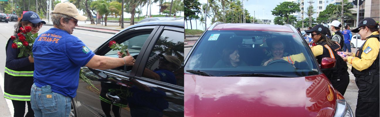 Na primeira foto, educadoras de trânsito do DETRAN-PE e do DER entregando rosas para motoristas mulher na ação em homenagem ao dia das mulheres. Na segunda foto, agentes de trânsito femininas do DETRAN-PE entregando rosas para motoristas mulher na ação em homenagem ao dia das mulheres.