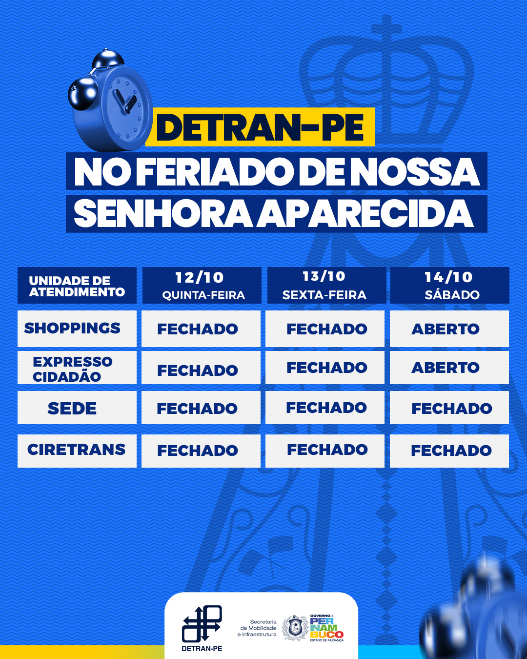 Tabela com funcionamento no feriadão