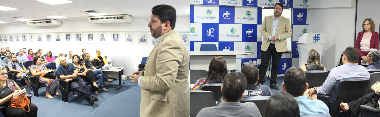 Na primeira foto, o Diretor Geral do DETRAN-PE, André Trajano, de perfil, falando para os apoiadores do Maio Amarelo 2023. Na segunda foto, o Diretor Geral do DETRAN-PE, André Trajano, falando para os apoiadores do Maio Amarelo 2023. Ao seu lado, Jô Lima, responsável pela educação de trânsito, imprensa e publicidade institucional do órgão. 